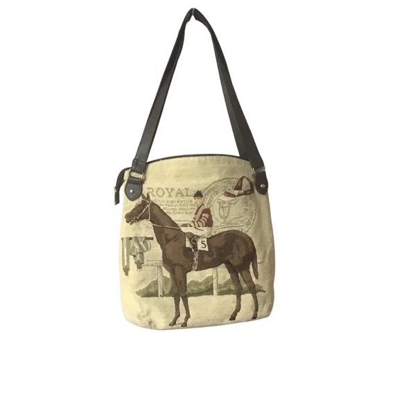 Equestrian Tapestry Neutral Tote Handbag Unique zip top - Picture 1 of 10